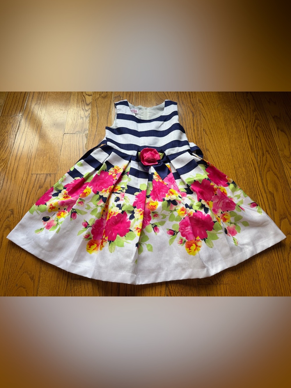 Jessica Ann Girls Size 4 Navy White Stripe Floral Pleated Bow Dress